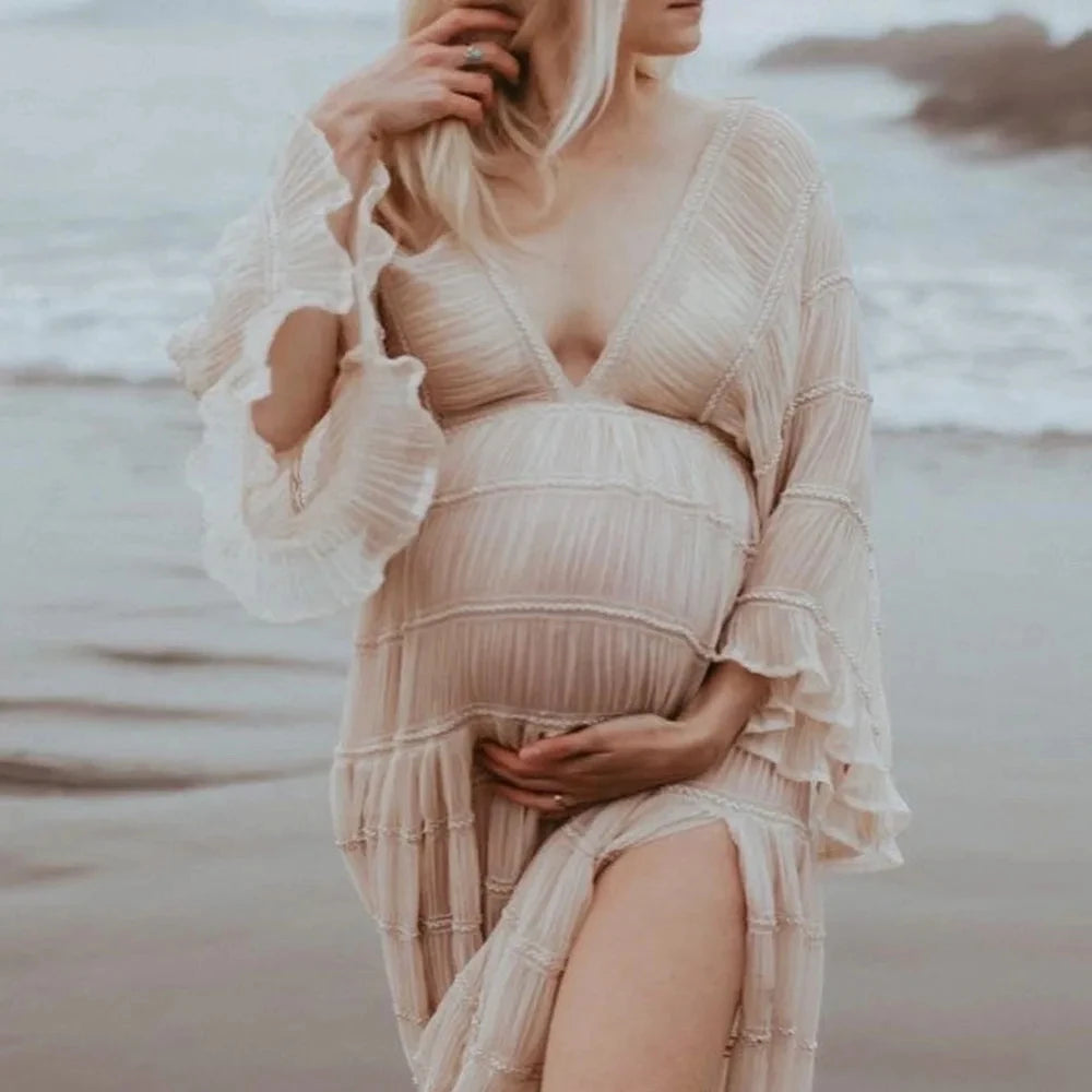 Pleat Chiffon Boho Style Maternity Photoshoot Dress