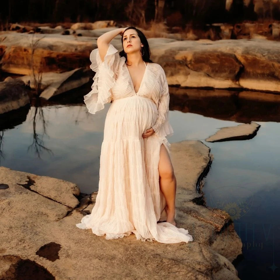 Pleat Chiffon Boho Style Maternity Photoshoot Dress