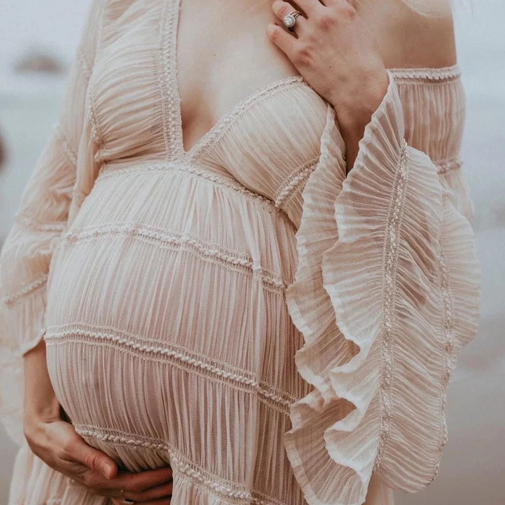 Pleat Chiffon Boho Style Maternity Photoshoot Dress