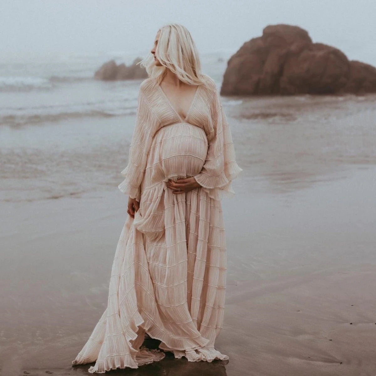 Pleat Chiffon Boho Style Maternity Photoshoot Dress