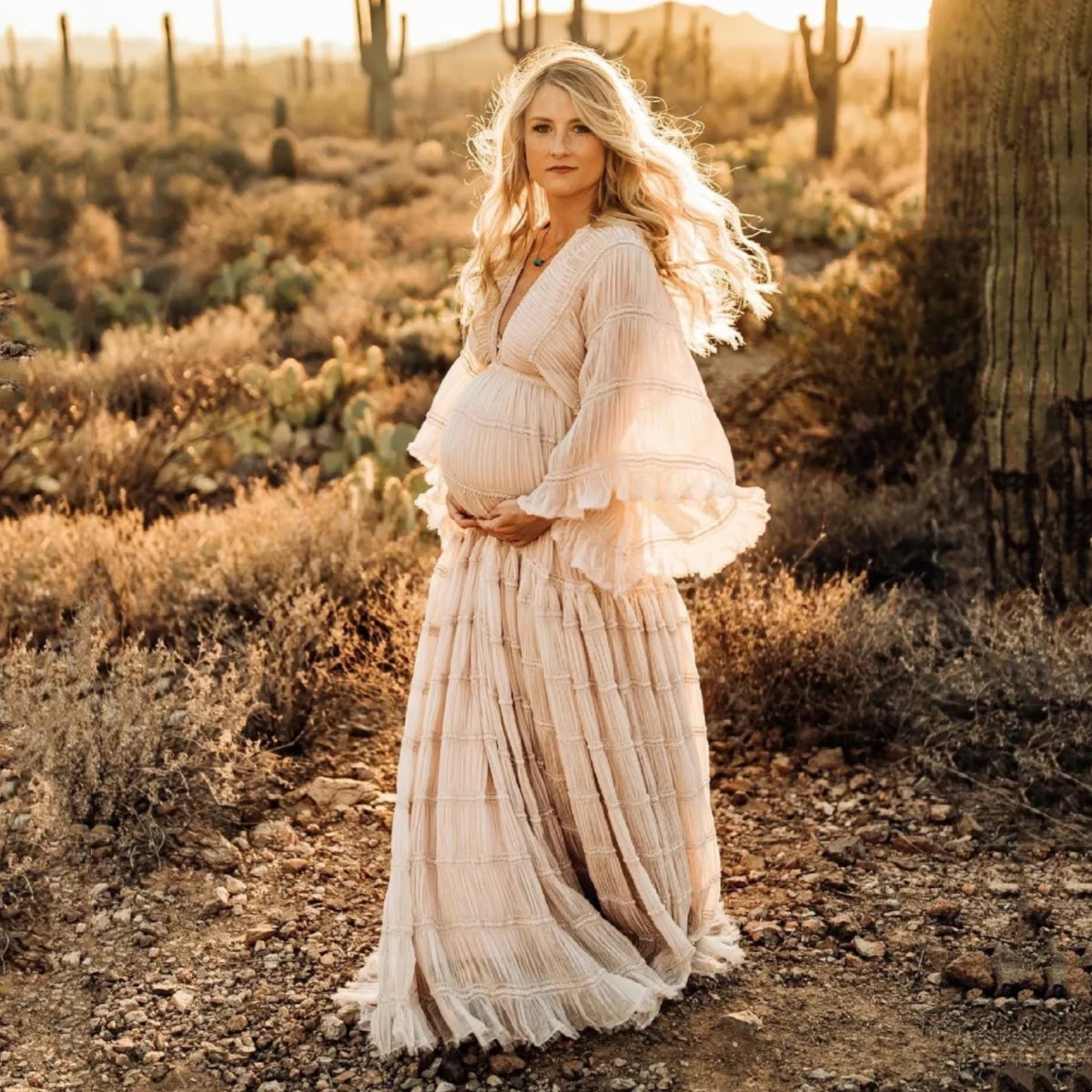 Pleat Chiffon Boho Style Maternity Photoshoot Dress